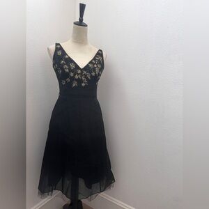 Laundry By Shelli Segal Black V-Neck Midi Dress with Gold Embroidery